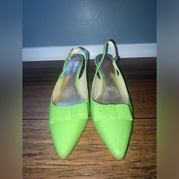💚 Y2k Slingback heels kitten heels bow heels vintage green pumps patent heel - Picture 9 of 11